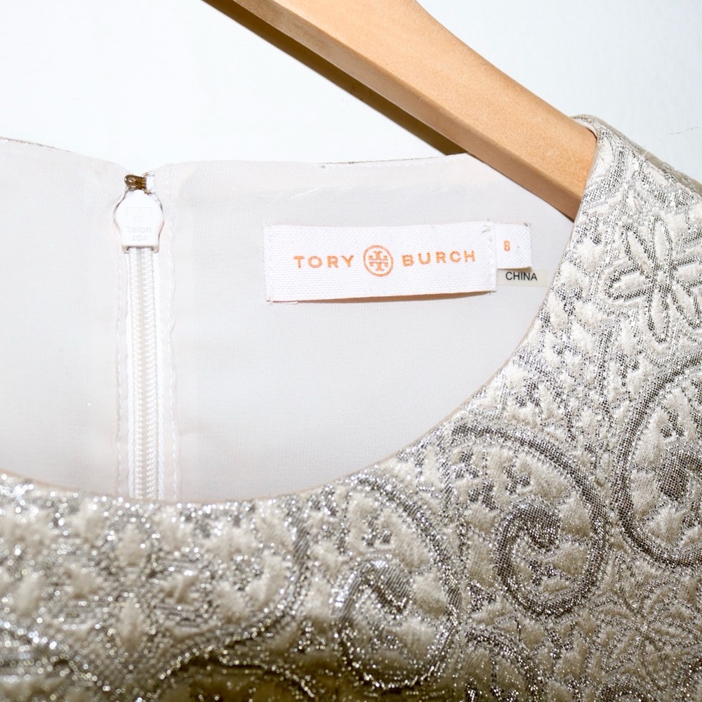 Tory Burch Brielle Metallic Brocade Mock Two Piece Dress in Sandshell - Picture 8 of 16